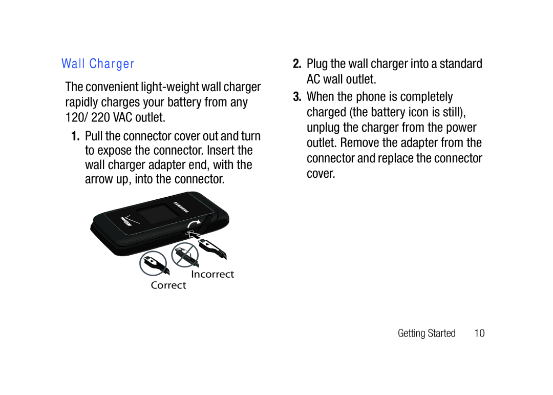 Verizon SCHu320 user manual Wall Charger, Incorrect Correct 