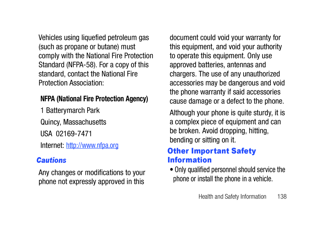 Verizon SCHu320 user manual Batterymarch Park Quincy, Massachusetts USA, Other Important Safety Information, 138 