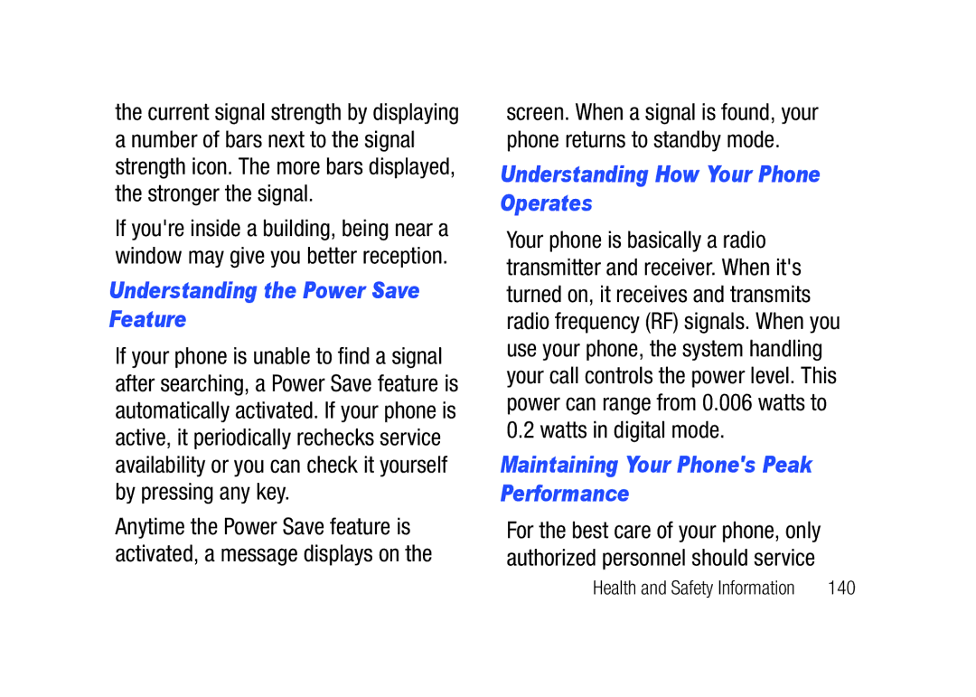 Verizon SCHu320 user manual Understanding the Power Save Feature, Understanding How Your Phone Operates, 140 