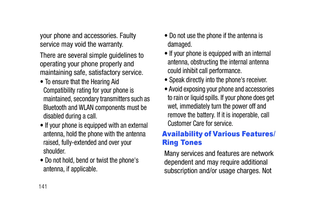 Verizon SCHu320 user manual Customer Care for service, Availability of Various Features/ Ring Tones 