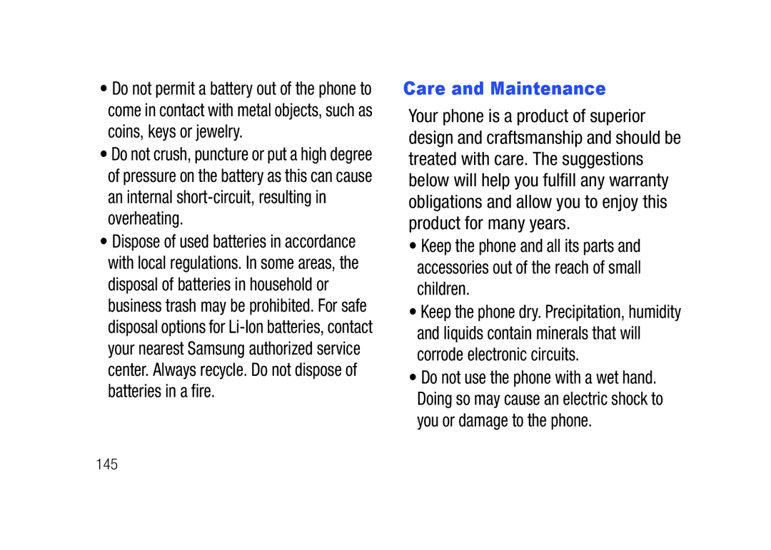 Verizon SCHu320 user manual Care and Maintenance, 145 