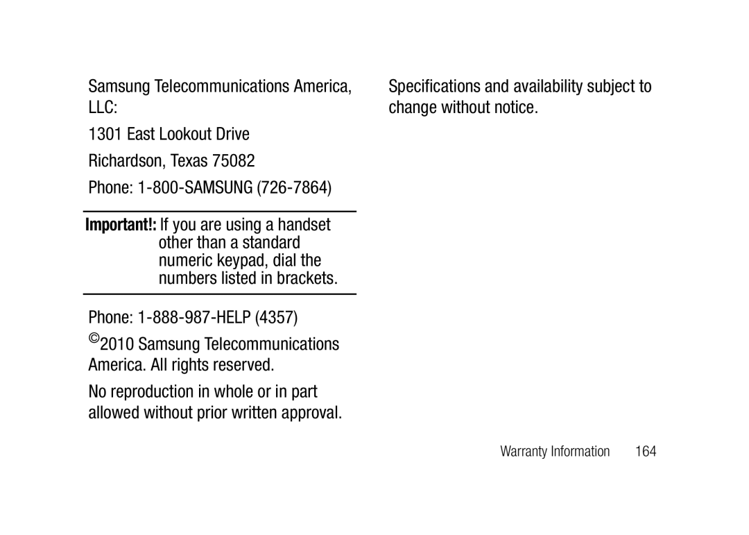 Verizon SCHu320 Change without notice, East Lookout Drive Richardson, Texas, Other than a standard Numeric keypad, dial 