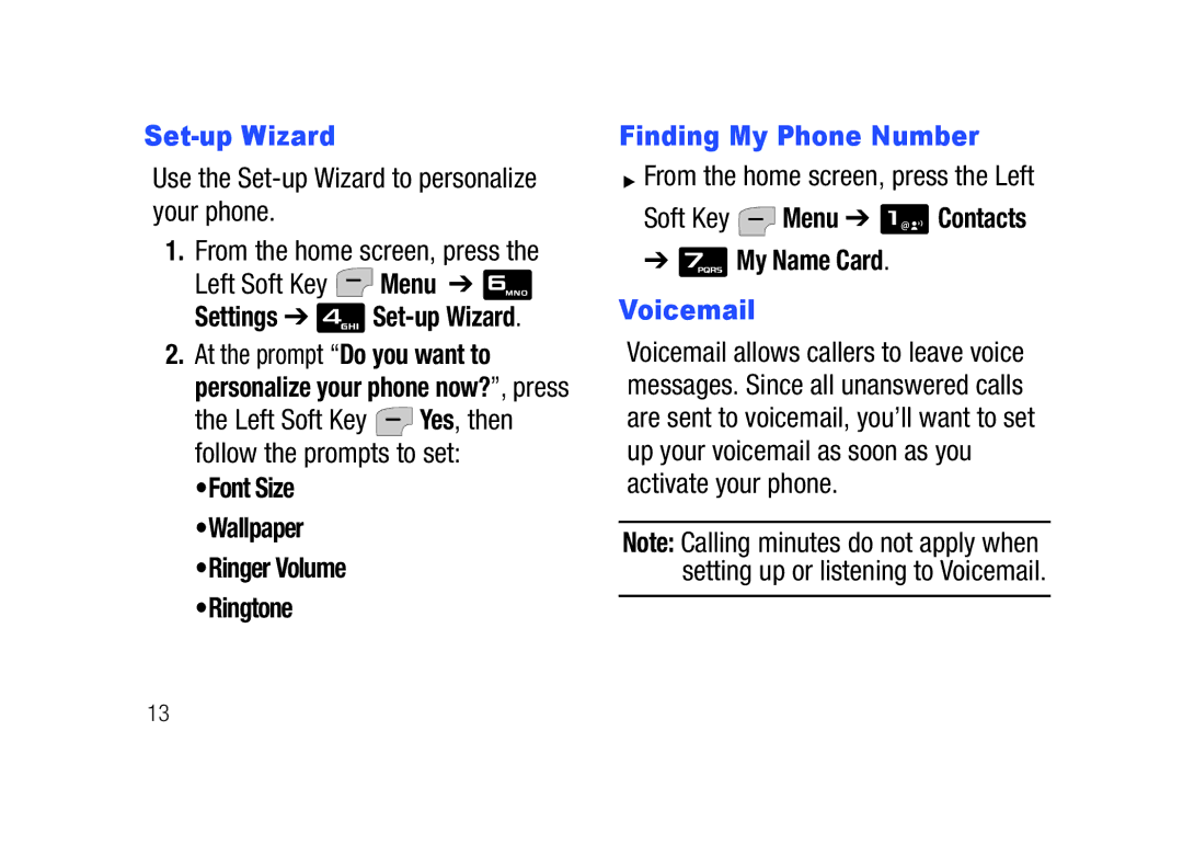 Verizon SCHu320 Settings Set-up Wizard, Finding My Phone Number, Soft Key Menu Contacts My Name Card, Voicemail 