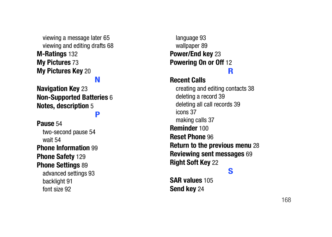 Verizon SCHu320 Two-second pause 54 wait, Advanced settings 93 backlight Font size, Deleting all call records 39 icons 