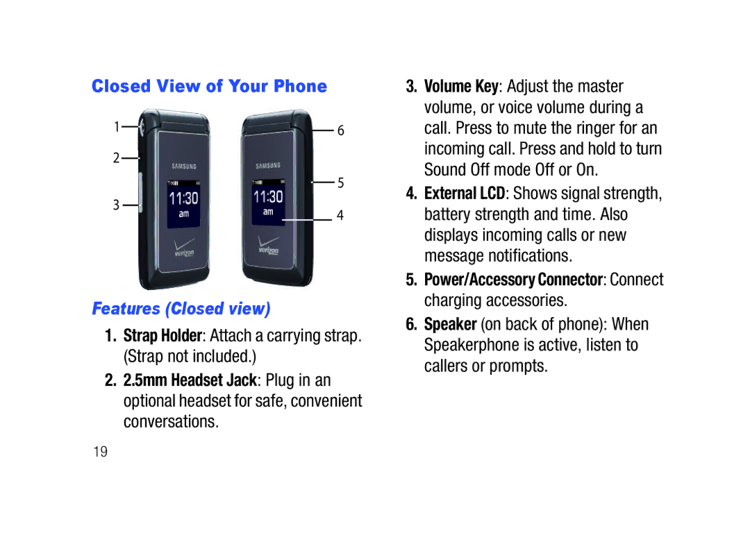 Verizon SCHu320 user manual Closed View of Your Phone, Features Closed view 