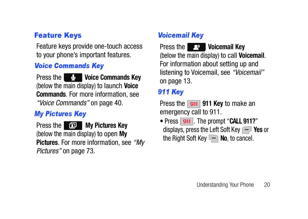 Verizon SCHu320 user manual Feature Keys, Voice Commands Key, My Pictures Key, Voicemail Key, 911 Key 