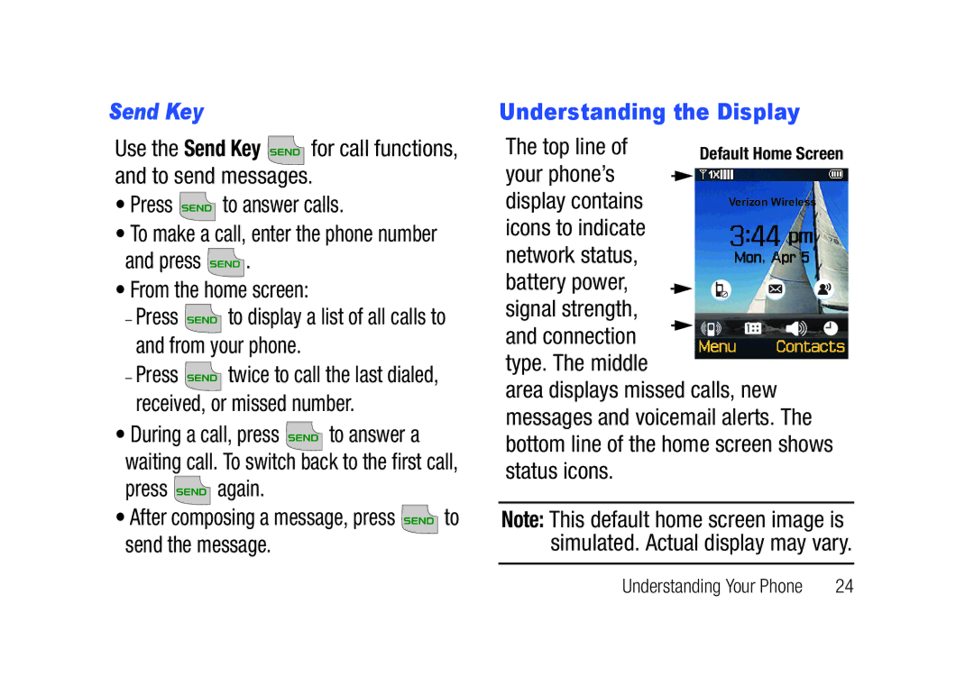 Verizon SCHu320 user manual Send Key, Understanding the Display, Top line, Your phone’s Display contains 