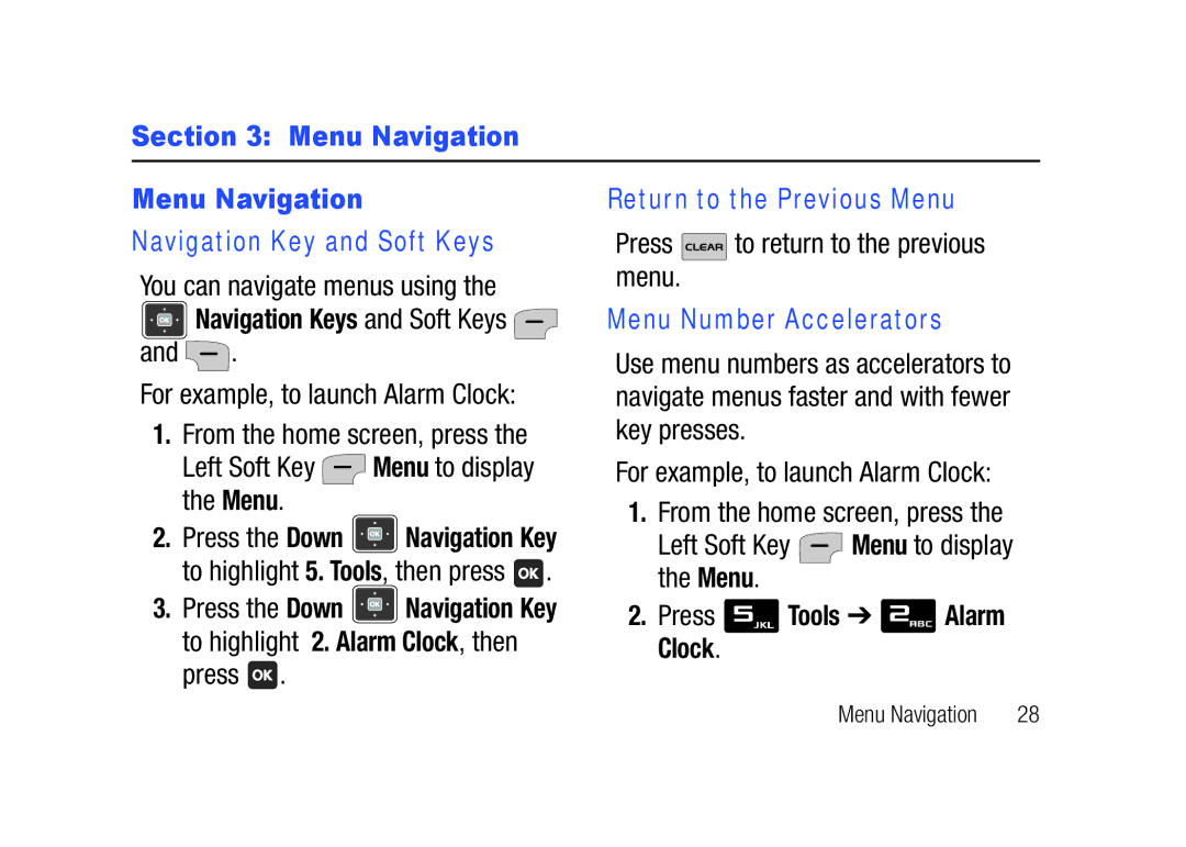 Verizon SCHu320 Menu Navigation, Navigation Key and Soft Keys, Return to the Previous Menu, Menu Number Accelerators 