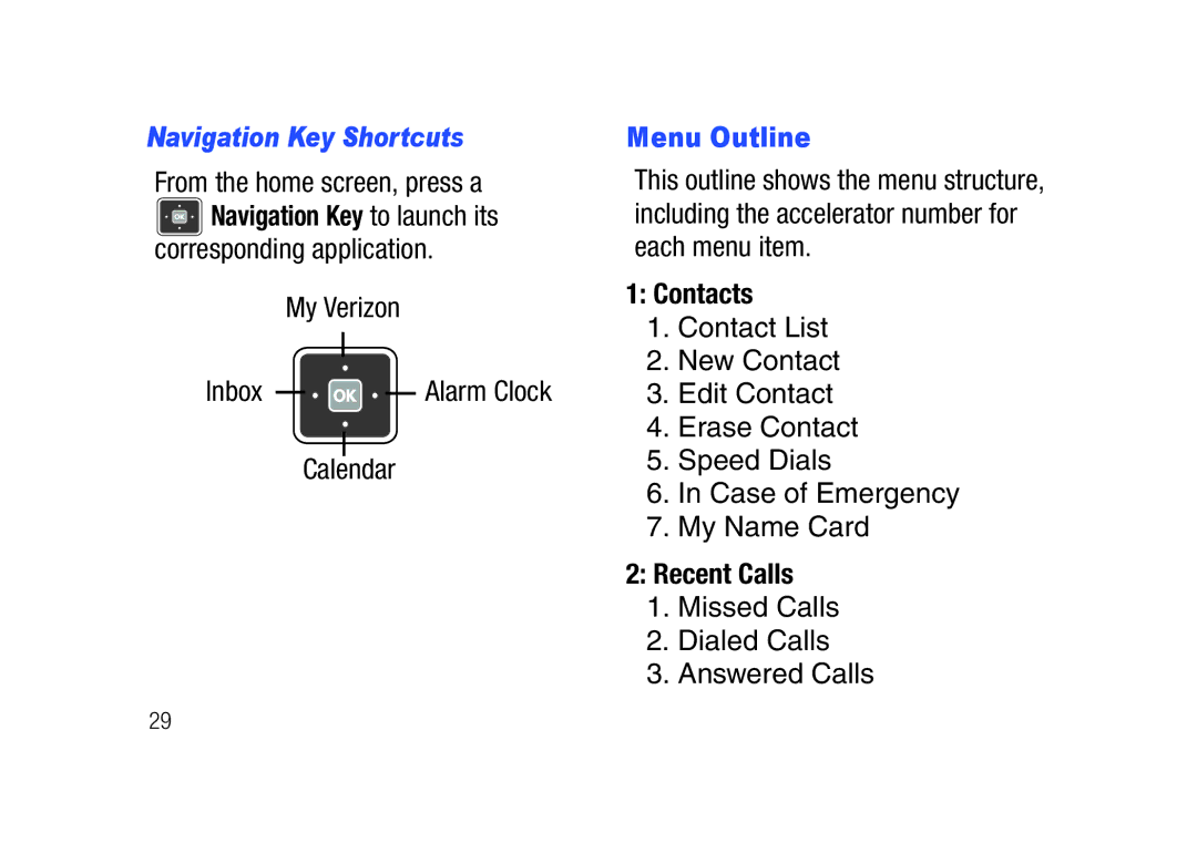 Verizon SCHu320 user manual Navigation Key Shortcuts, Menu Outline, Contacts, Recent Calls 