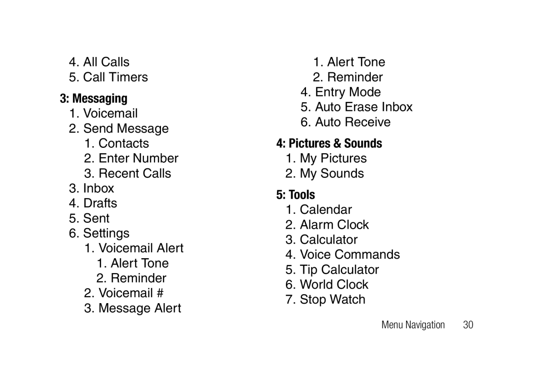 Verizon SCHu320 user manual Messaging, Pictures & Sounds, Tools 