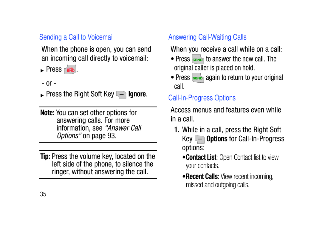 Verizon SCHu320 user manual Sending a Call to Voicemail, Answering Call-Waiting Calls, Call-In-Progress Options 