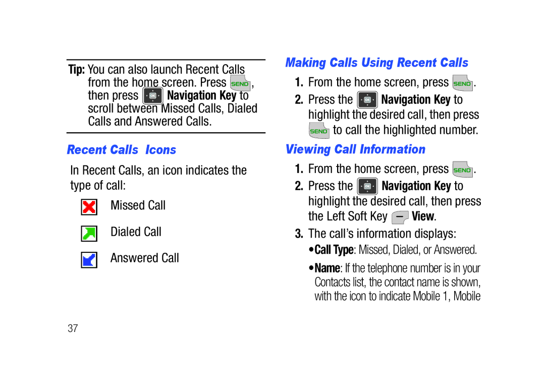 Verizon SCHu320 Recent Calls Icons, Making Calls Using Recent Calls, Viewing Call Information, Left Soft Key View 