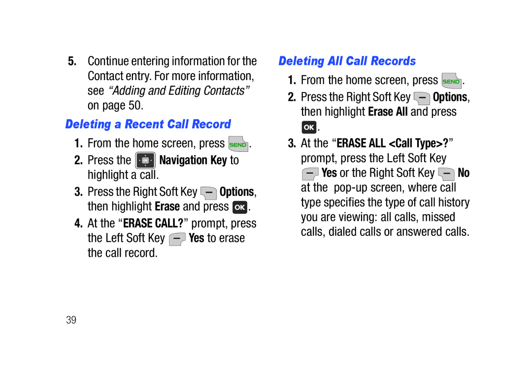 Verizon SCHu320 Deleting a Recent Call Record, Left Soft Key Yes to erase the call record, Deleting All Call Records 