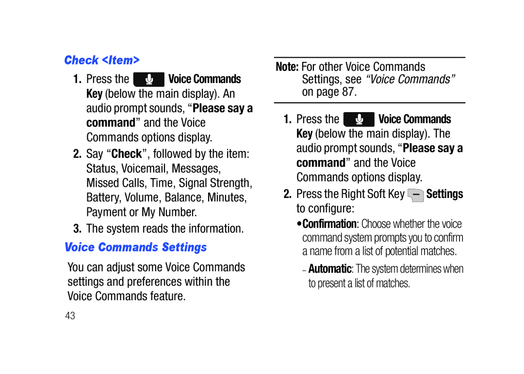 Verizon SCHu320 user manual Check Item, System reads the information, Voice Commands Settings 