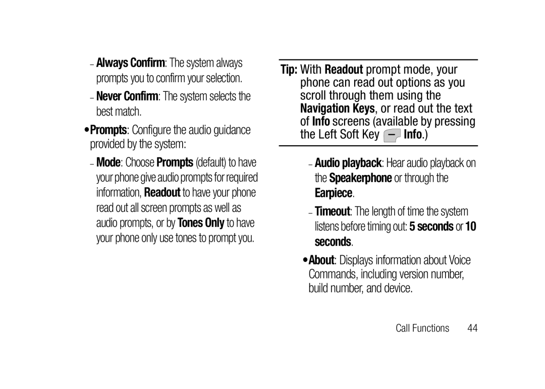 Verizon SCHu320 user manual Left Soft Key Info, Listens before timing out 5 seconds or 10 seconds 