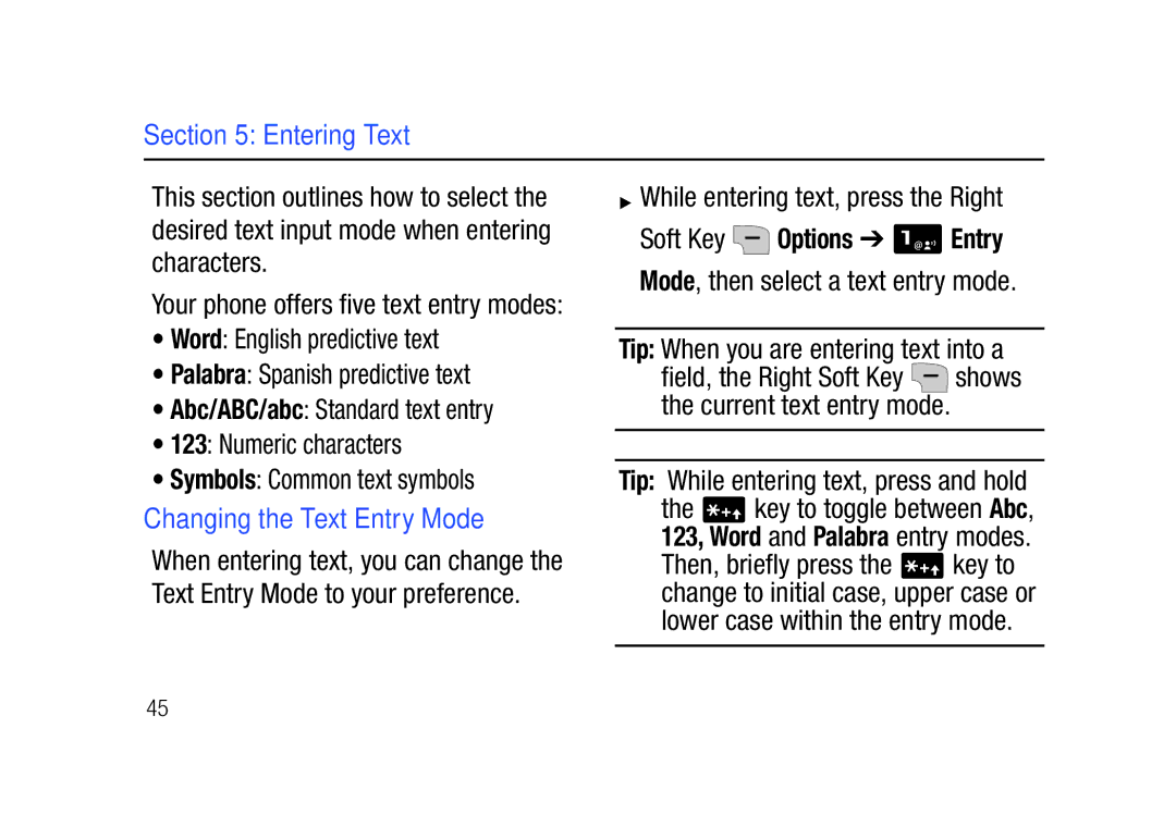 Verizon SCHu320 user manual Entering Text, Changing the Text Entry Mode, While entering text, press the Right 