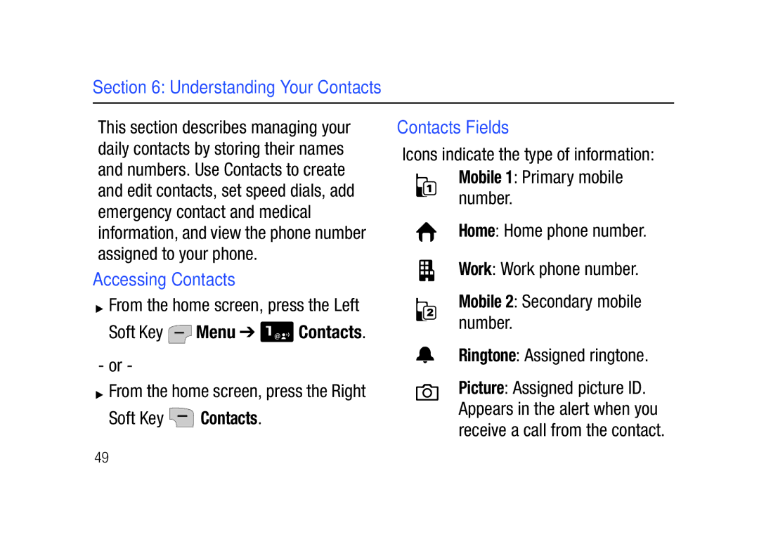 Verizon SCHu320 user manual Understanding Your Contacts, Accessing Contacts, Soft Key Contacts, Contacts Fields 