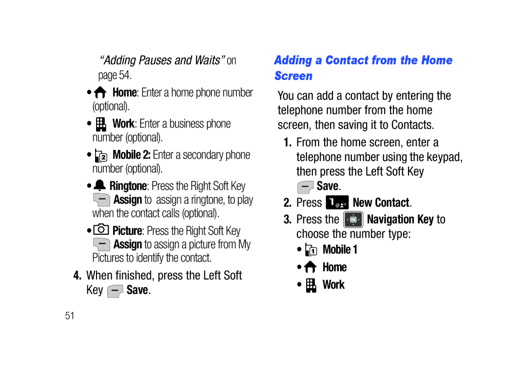 Verizon SCHu320 user manual Adding a Contact from the Home Screen, Save Press New Contact, Mobile Home Work 