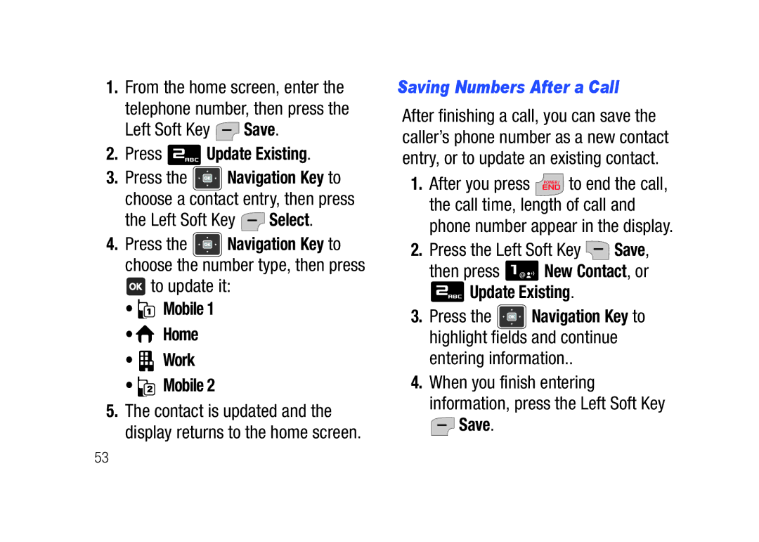 Verizon SCHu320 user manual Press Update Existing, Saving Numbers After a Call 