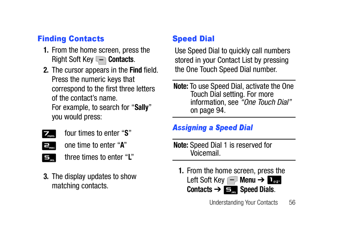 Verizon SCHu320 user manual Finding Contacts, Assigning a Speed Dial, Contacts Speed Dials 