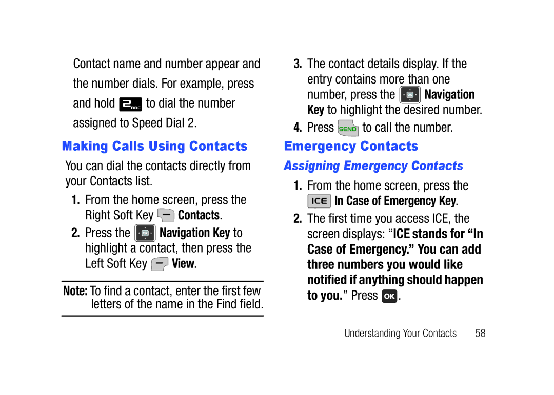 Verizon SCHu320 user manual Making Calls Using Contacts, Press to call the number, Assigning Emergency Contacts 