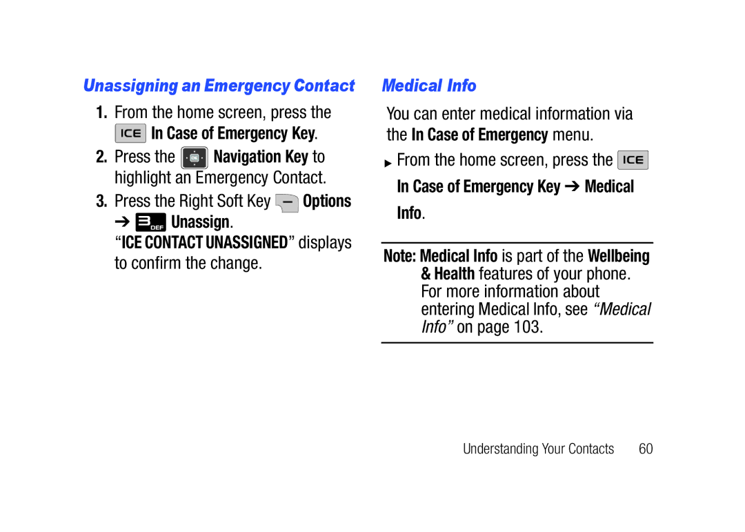 Verizon SCHu320 Unassigning an Emergency Contact Medical Info, From the home screen, press the I In Case of Emergency Key 