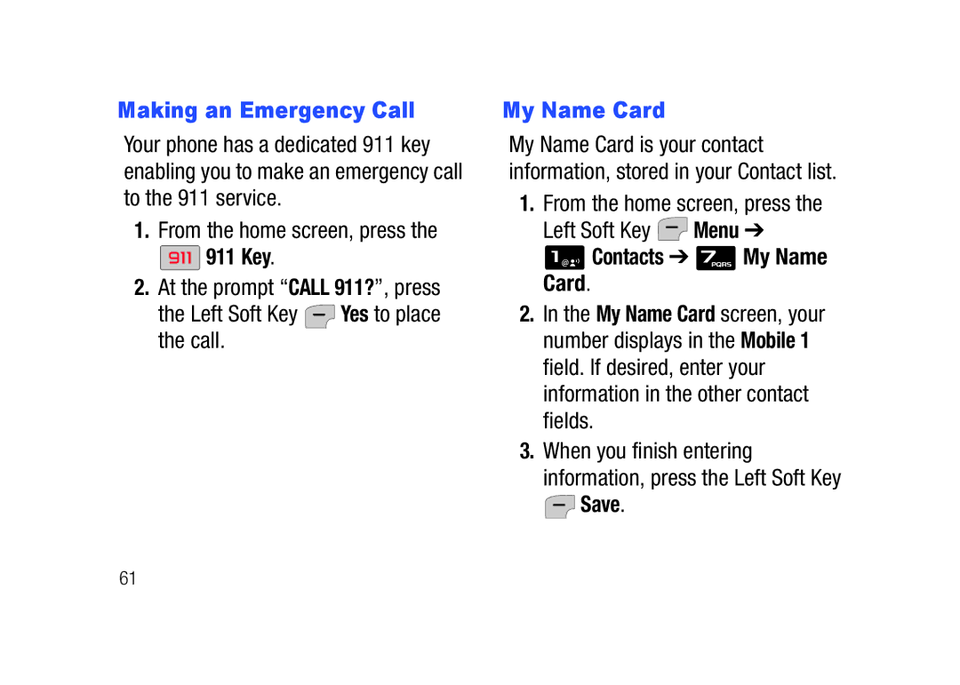 Verizon SCHu320 user manual Making an Emergency Call, 911 Key, Contacts My Name Card 