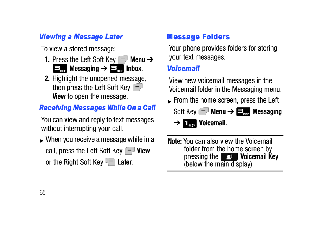 Verizon SCHu320 user manual Viewing a Message Later, Messaging Inbox, Message Folders, Voicemail 