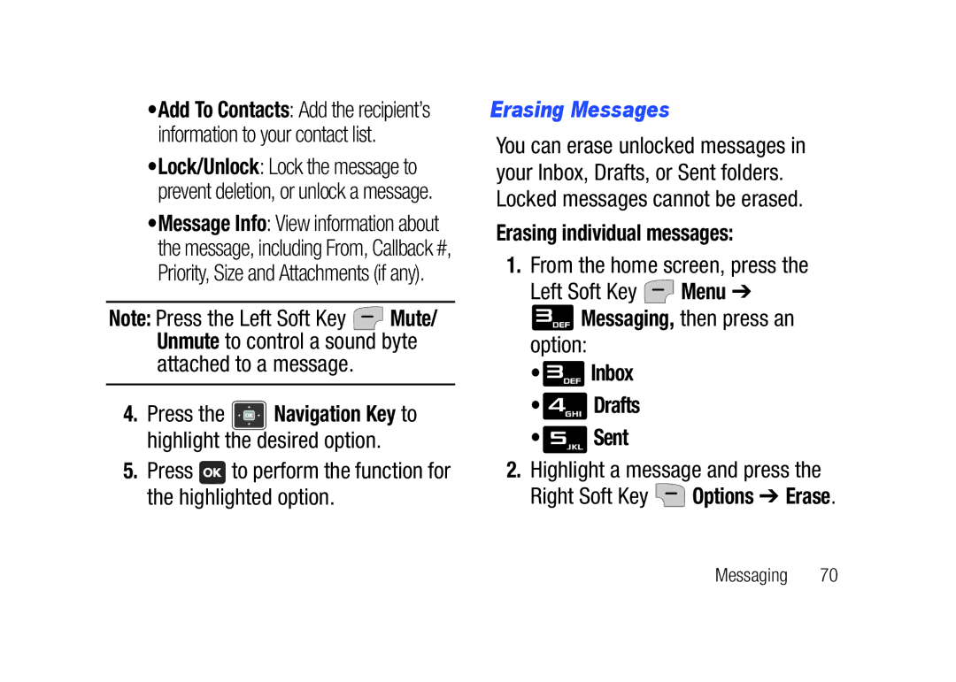 Verizon SCHu320 user manual Erasing Messages, Erasing individual messages, Inbox Drafts Sent, Highlight a message and press 