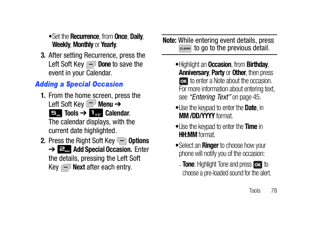 Verizon SCHu320 user manual After setting Recurrence, press, Adding a Special Occasion, Key Next after each entry 