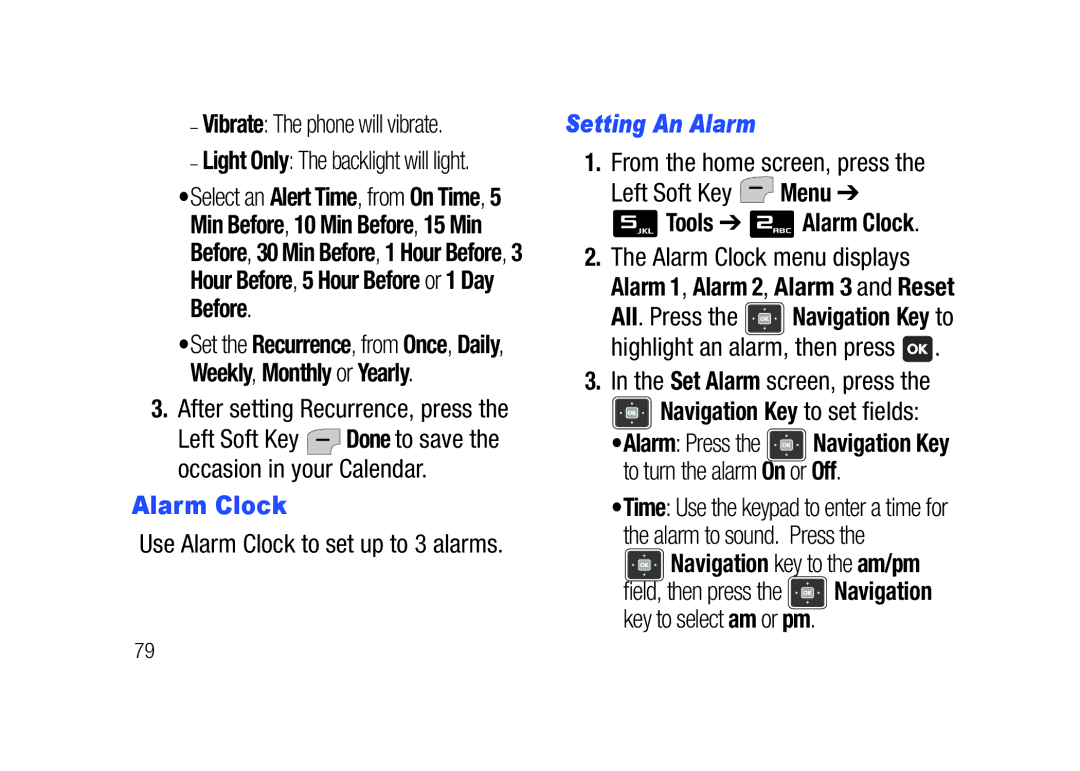 Verizon SCHu320 Setting An Alarm, Tools Alarm Clock, Navigation Key to set fields, Navigation key to the am/pm 