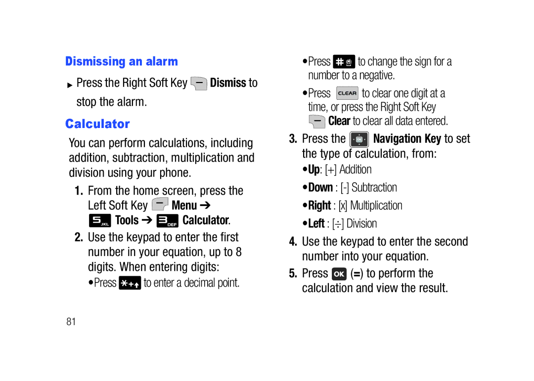 Verizon SCHu320 user manual Dismissing an alarm, Tools Calculator 