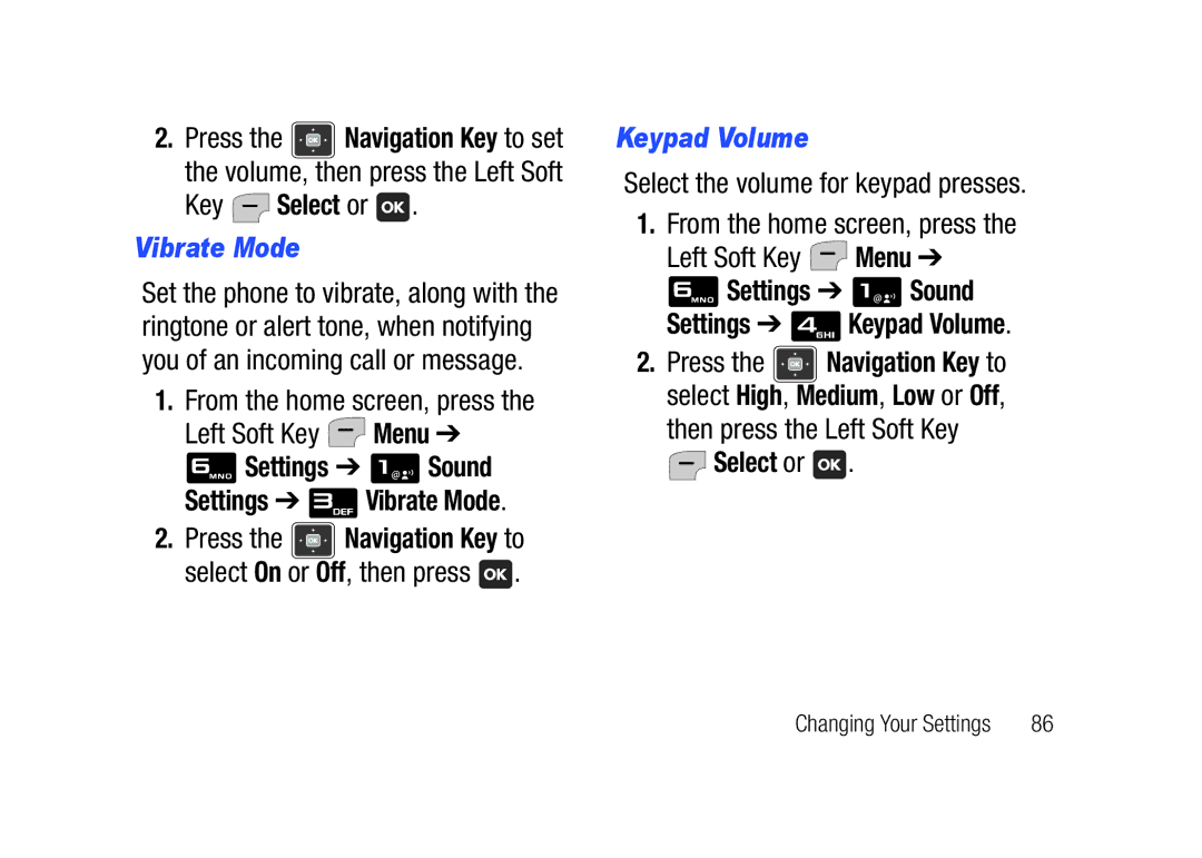 Verizon SCHu320 user manual Key Select or, Settings Sound Settings Vibrate Mode, Keypad Volume 