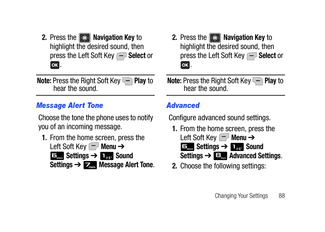 Verizon SCHu320 user manual Message Alert Tone, Press the Left Soft Key Select or, Advanced, Choose the following settings 