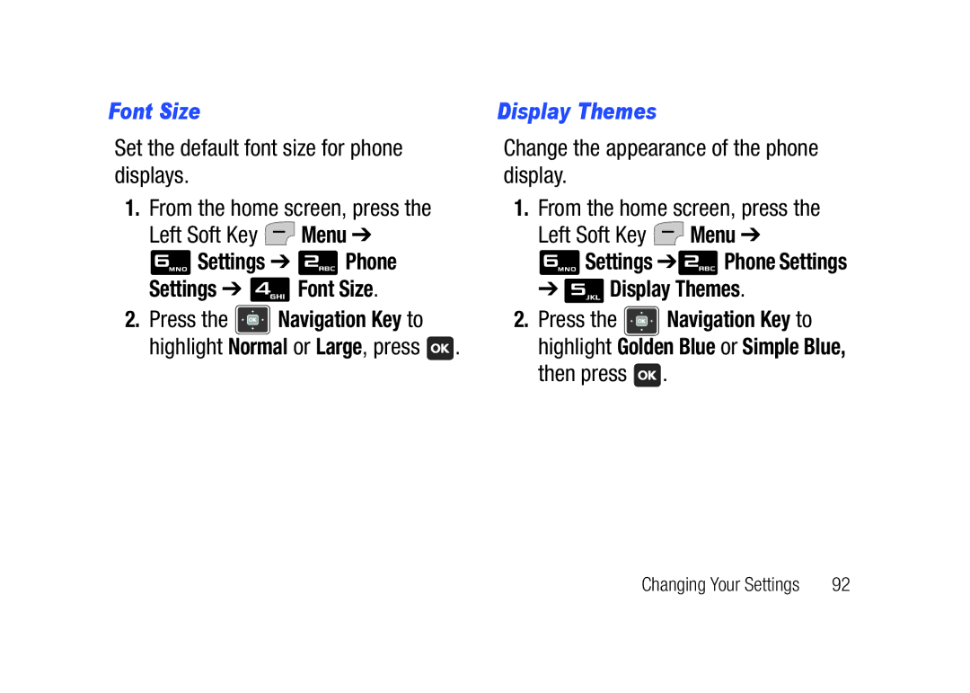 Verizon SCHu320 user manual Settings Phone Settings Font Size, Display Themes 