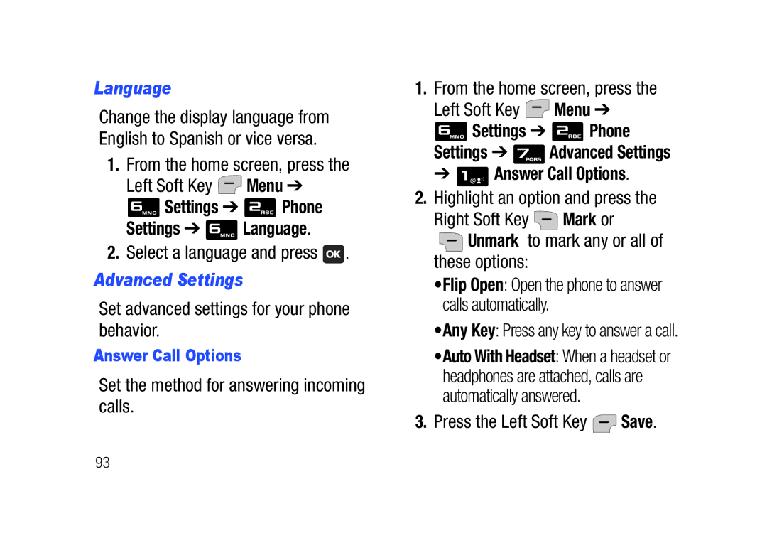 Verizon SCHu320 user manual Settings Phone Settings Language, Advanced Settings, Answer Call Options 