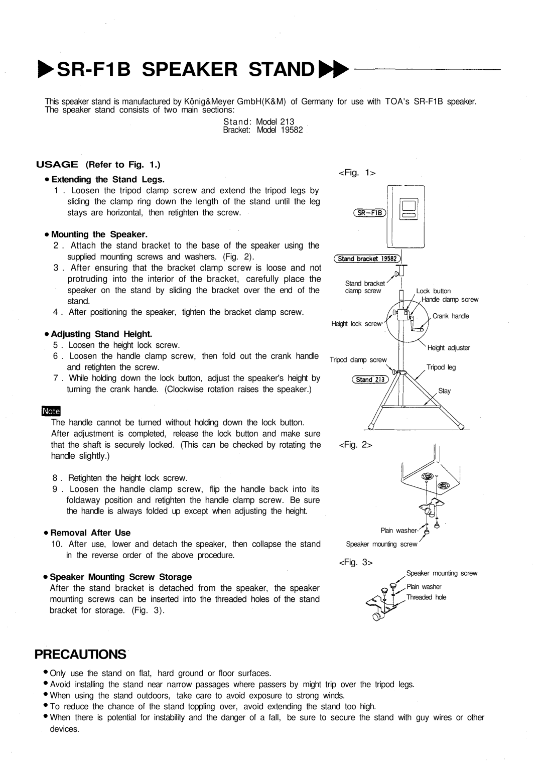 Verizon SR-F1B manual Usage Refer to Fig Extending the Stand Legs, Mounting the Speaker, Adjusting Stand Height 