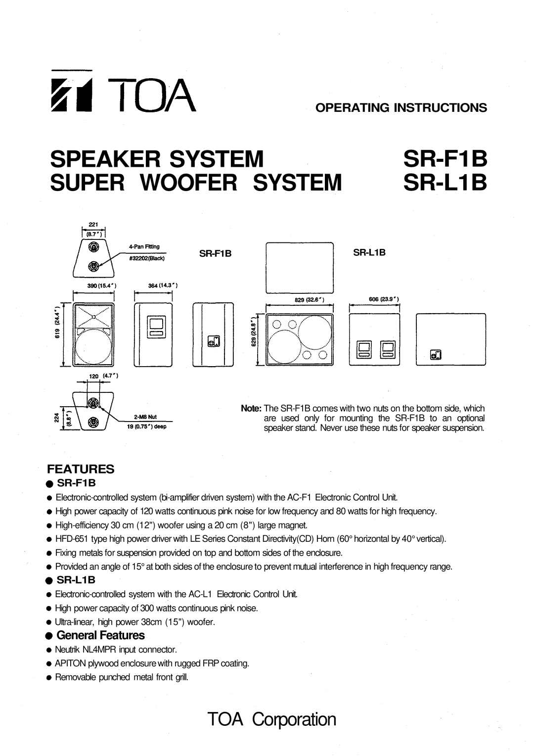 Verizon SR-F1B manual TOA Corporation, Operating Instructions, General Features, Speaker System, Super Woofer System 