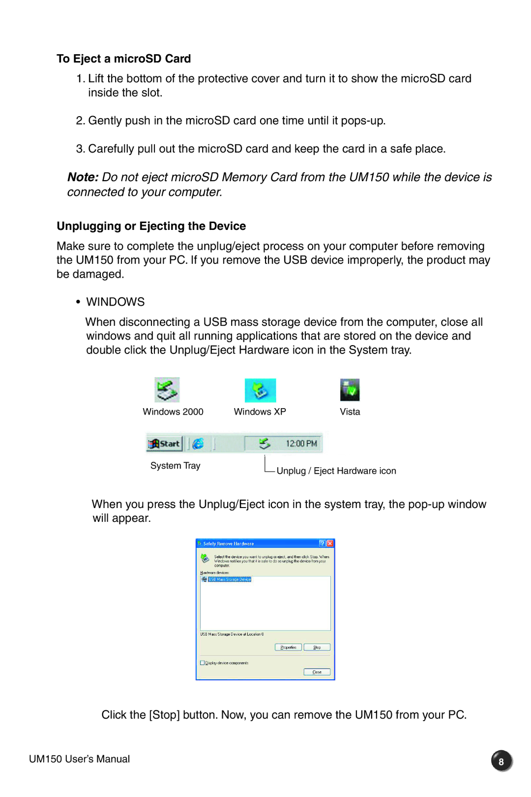 Verizon UM150 user manual To Eject a microSD Card, Unplugging or Ejecting the Device 