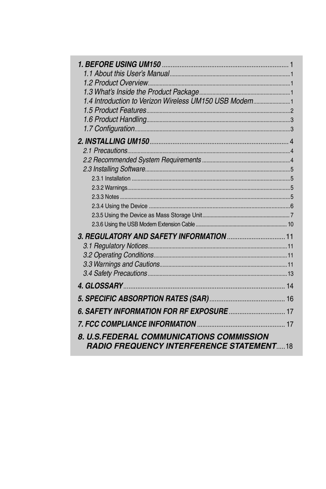 Verizon UM150 user manual Contents 