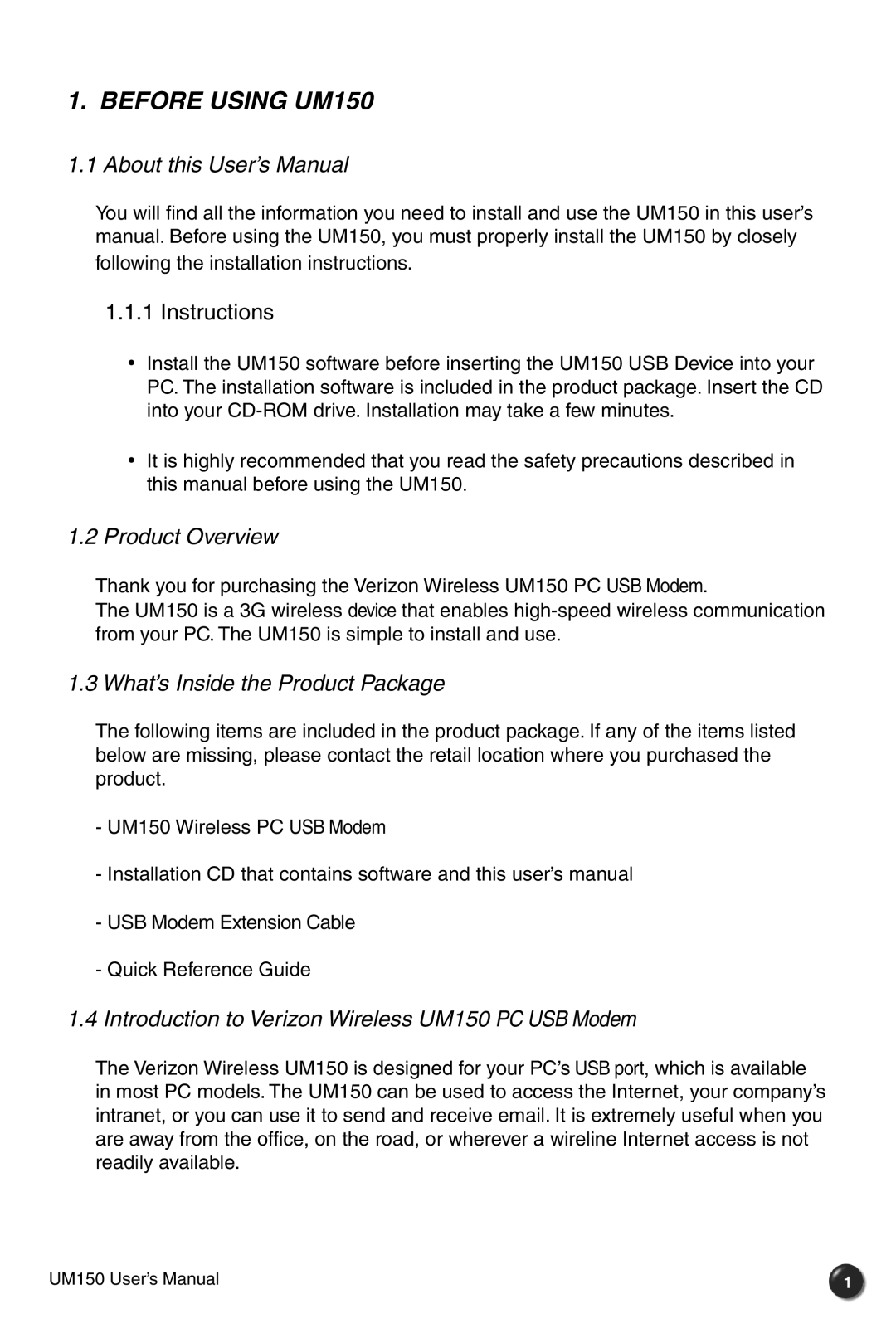 Verizon user manual Before Using UM150, About this User’s Manual, Product Overview, What’s Inside the Product Package 