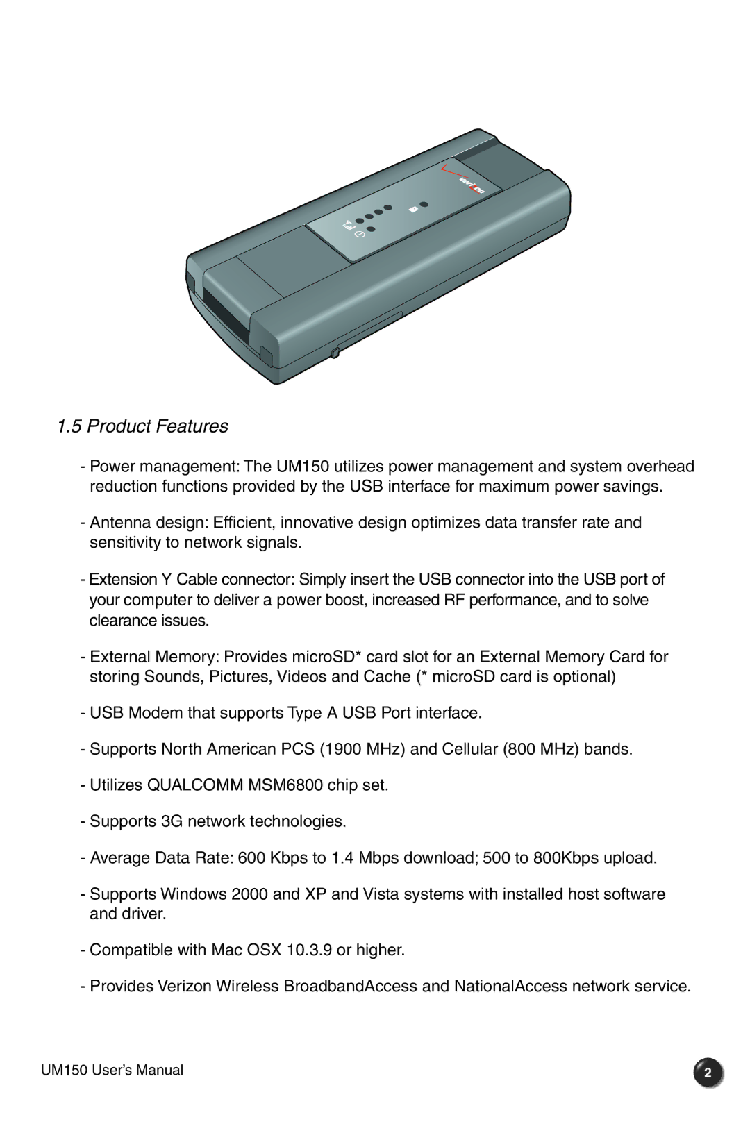 Verizon UM150 user manual Product Features 