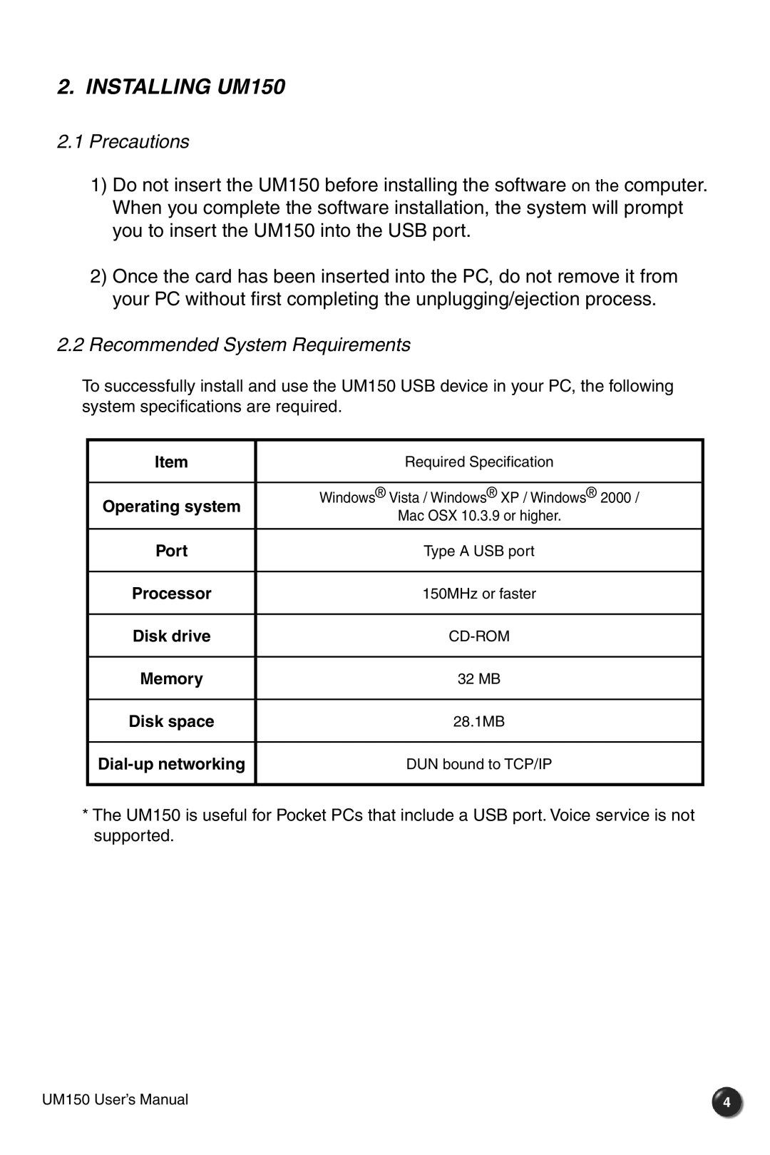 Verizon user manual Installing UM150, Precautions, Recommended System Requirements 