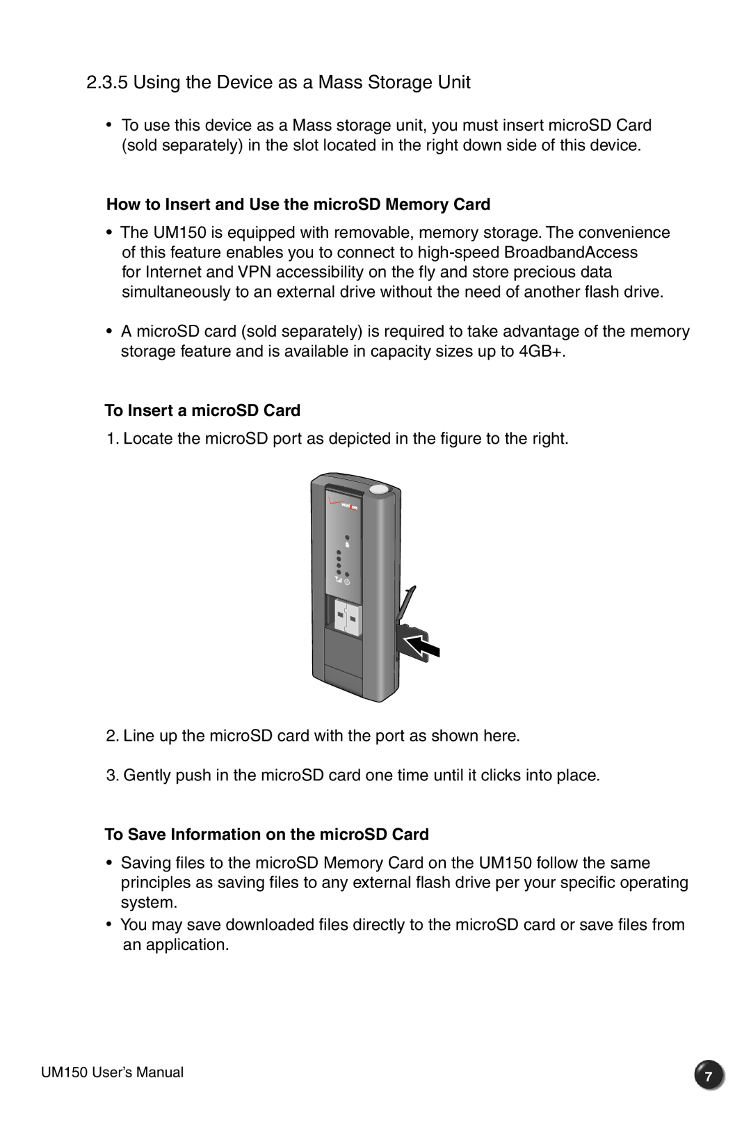 Verizon UM150 user manual Using the Device as a Mass Storage Unit, How to Insert and Use the microSD Memory Card 