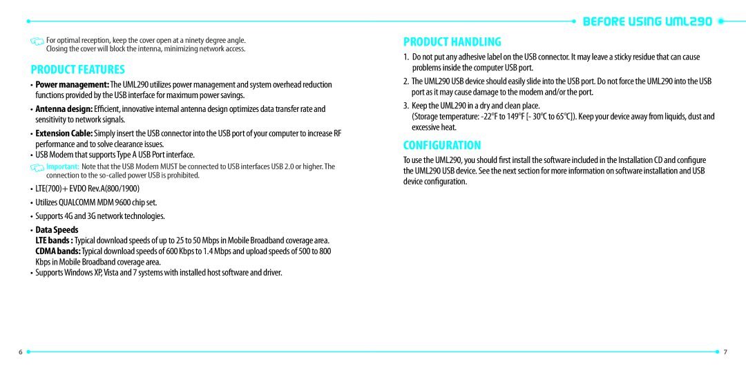 Verizon manual Product Features, Before Using UML290 Product Handling, Configuration 