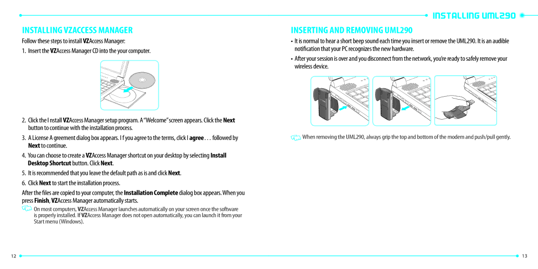 Verizon manual Installing Vzaccess Manager, Installing UML290 Inserting and Removing UML290 