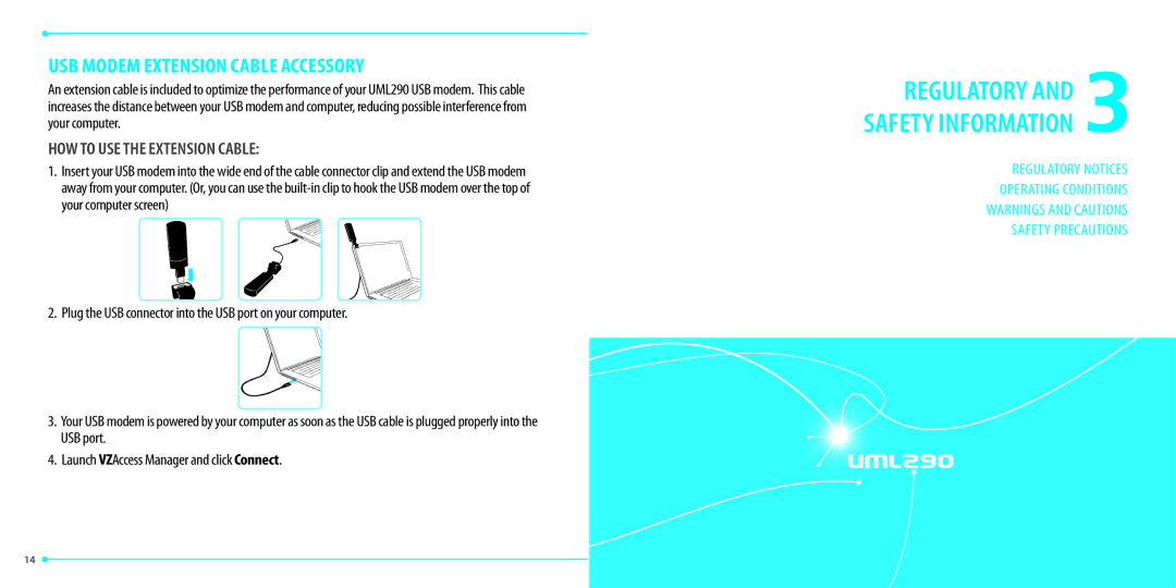 Verizon UML290 manual Regulatory Safety Information, USB Modem Extension Cable Accessory 