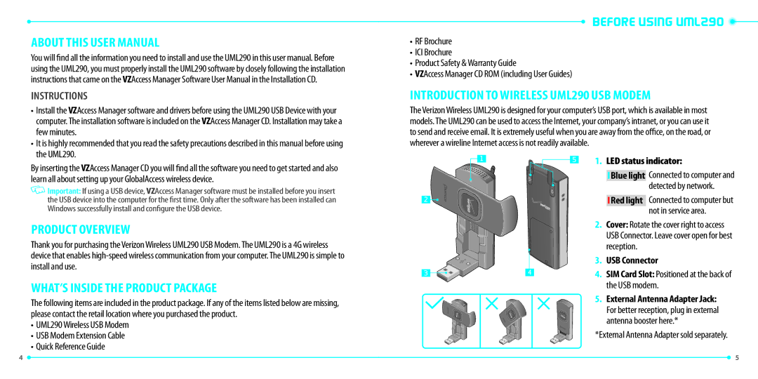 Verizon manual Before Using UML290, Introduction to Wireless UML290 USB Modem, Product Overview 