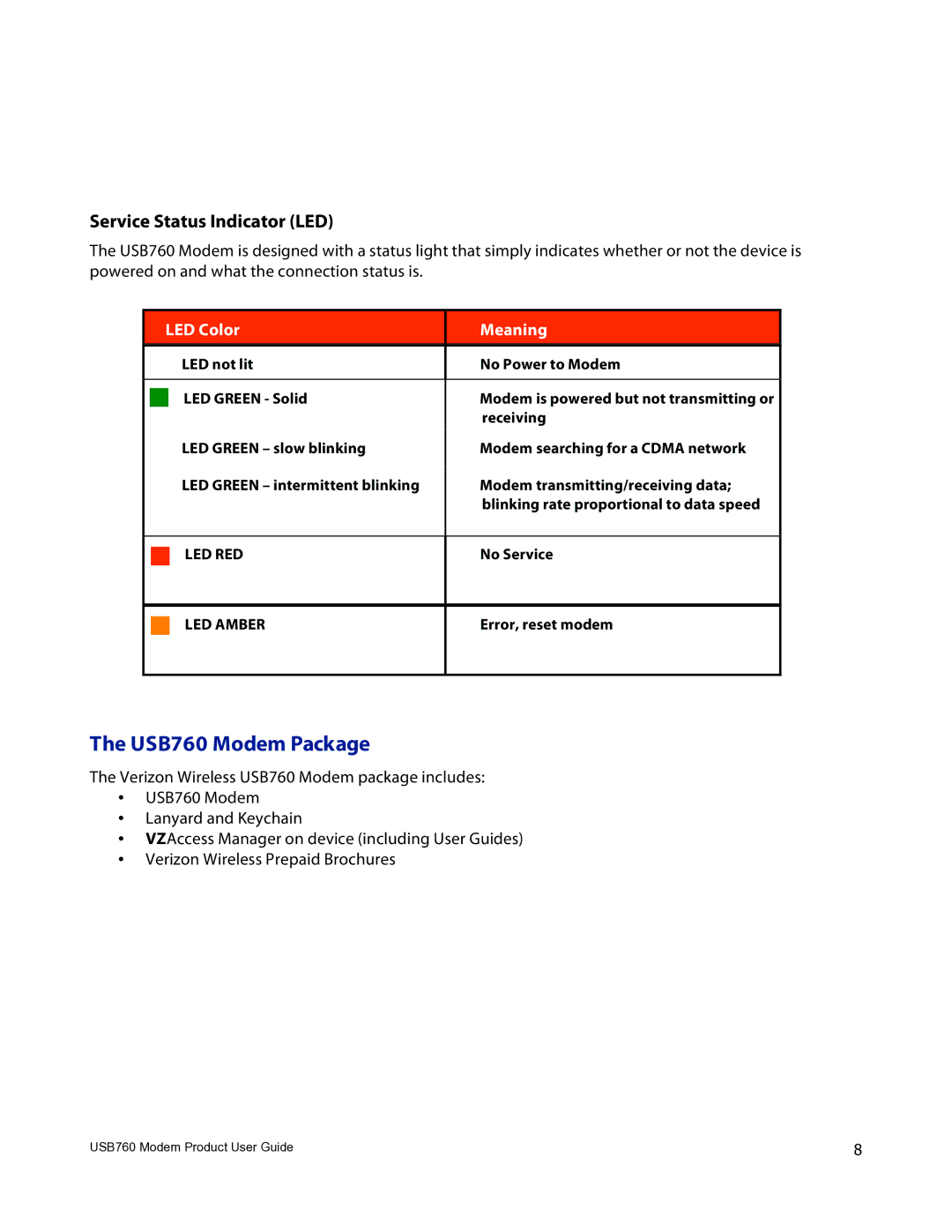 Verizon manual USB760 Modem Package, Service Status Indicator LED 