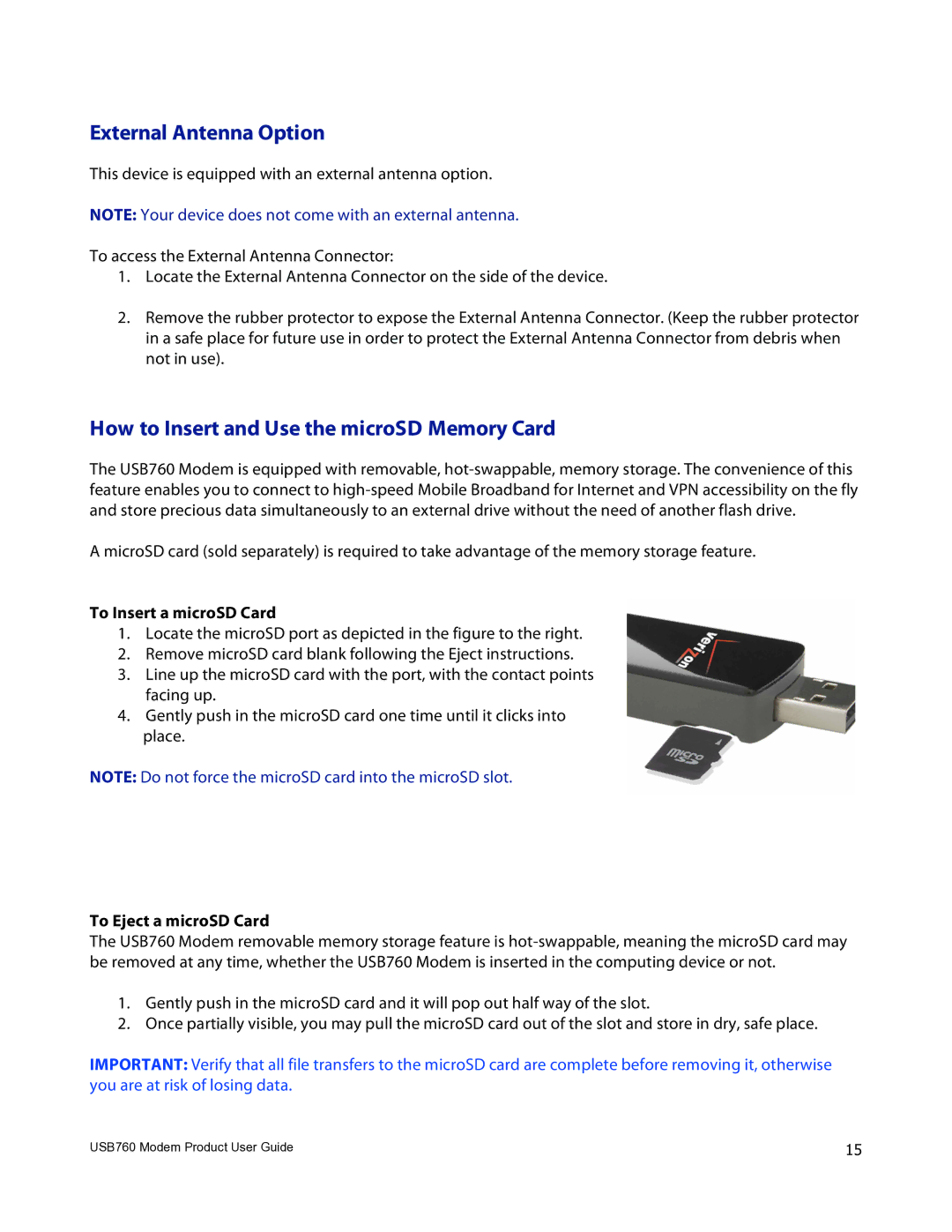 Verizon USB760 manual External Antenna Option, How to Insert and Use the microSD Memory Card, To Insert a microSD Card 